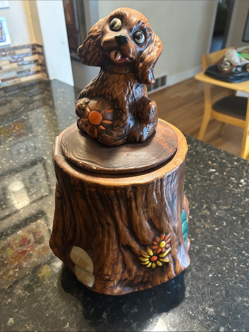 Vintage Brown Ceramic Dog on Tree Stump Decorative cookie jar